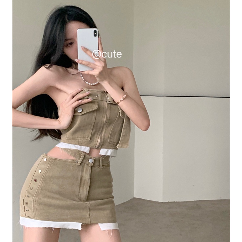 Bộ Áo Ống Và Chân Váy Denim Lưng Cao Thời Trang Mùa Hè Quyến Rũ Cho Nữ