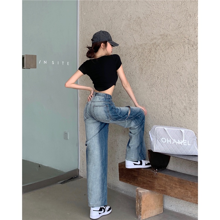 QKOOLE Quần jeans dài  lưng cao ống rộng thời trang Hàn Quốc dành cho nữ