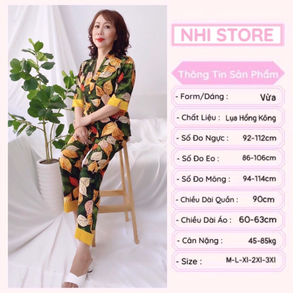 [FREESHIP 50K] Đồ bộ trung niên NHISTORE lụa HỒNG KÔNG cổ chui tay lửng sang trọng có túi 50 - 75 kg