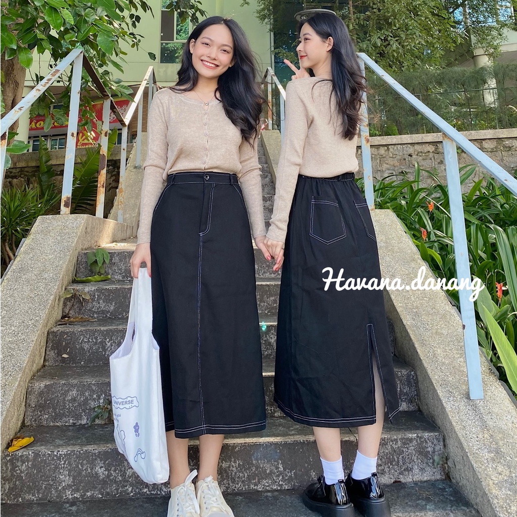 Chân váy kaki đen viền chỉ nổi AE25