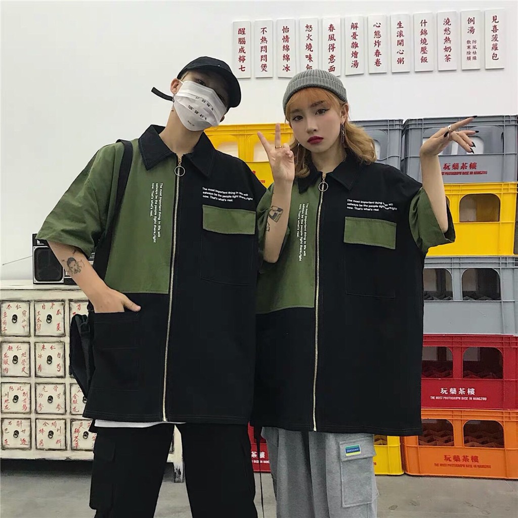 Áo sơ mi nam nữ form rộng tay lỡ phối xanh đen khóa kéo cực chất - Áo sơ mi ulzzang oversize unisex Hàn Quốc