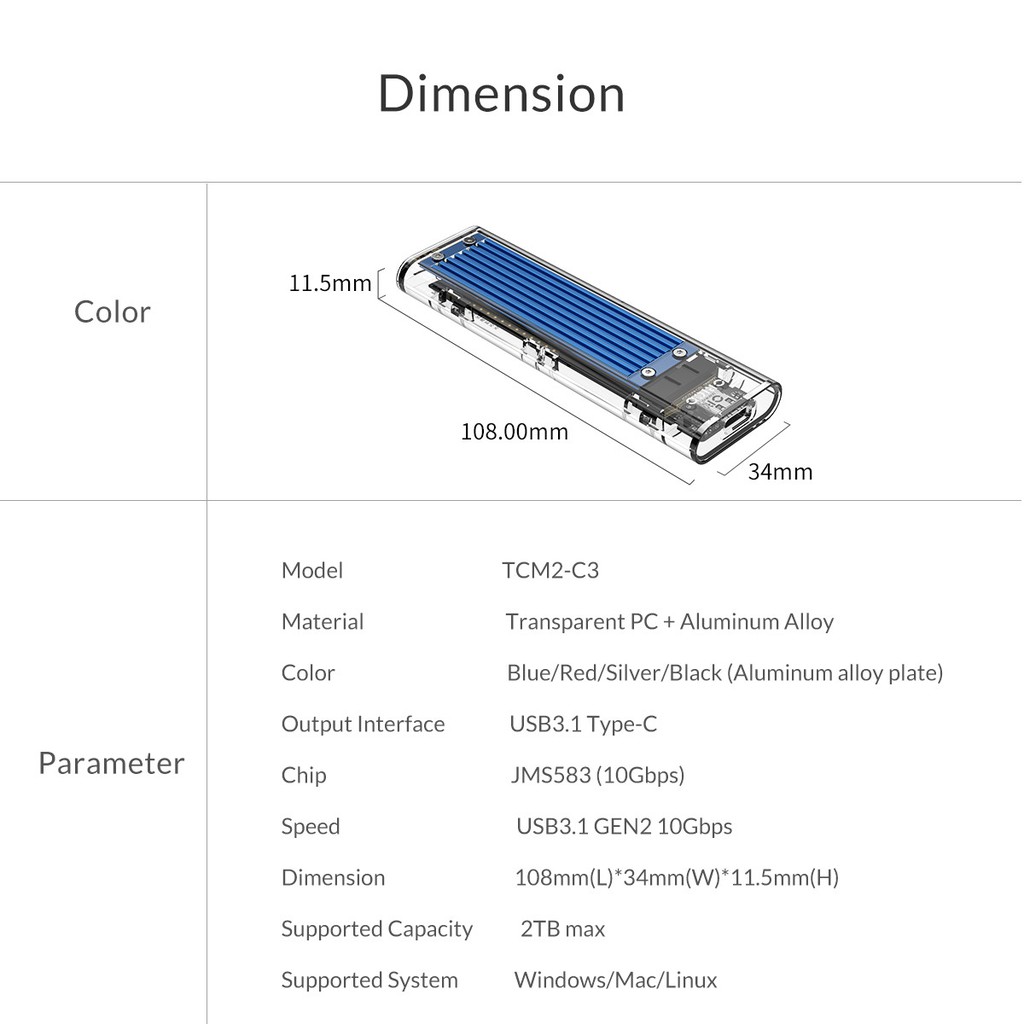 Hộp đựng ổ cứng M2 NVME ORICO TCM2-C3, USB 3.0 và USB Type C