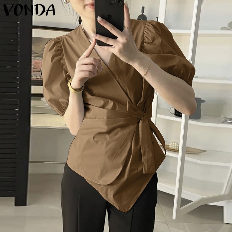 Áo VONDA kiểu tay phồng ngắn cổ chữ V màu trơn viền thắt lưng thời trang Hàn Quốc cho nữ