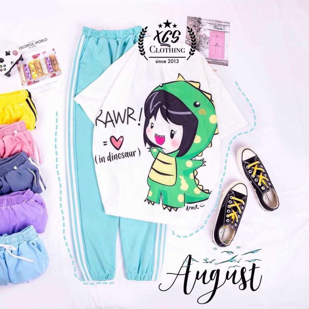 Set đồ bộ quần dài Jogger 2 Sọc RAWR ❤️ Bộ hoạt hình form rộng Freesize Unisex nam nữ Molly Fashion