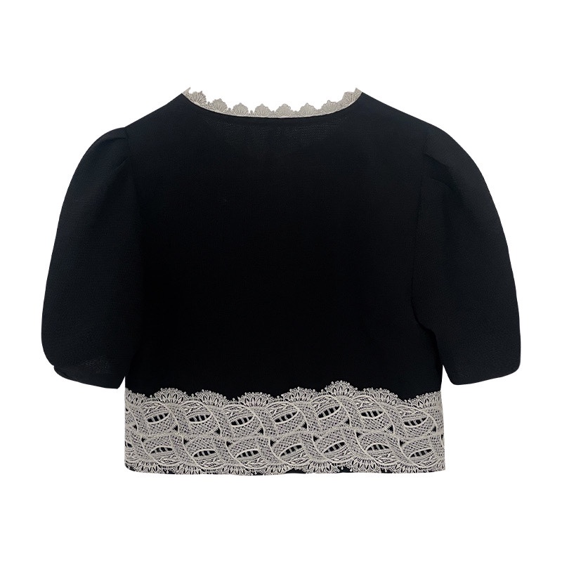 Áo kiểu SUXI ngắn tay phối ren màu sắc đơn giản phong cách Hàn Quốc