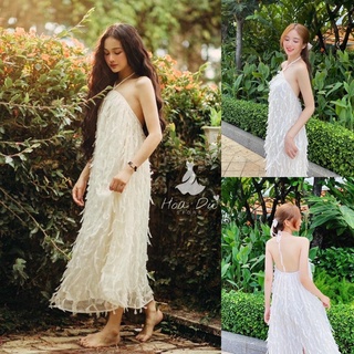[Ảnh sàn thật+video] Đầm Maxi Lông Vũ Thích Hợp Đi Biển, Đầm Hở Lưng Quyến Rũ