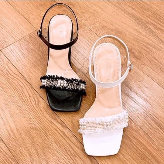 Dép Sandal Nữ Gót Nhọn 7cm Cực tôn Dáng Màu Đen/Kem