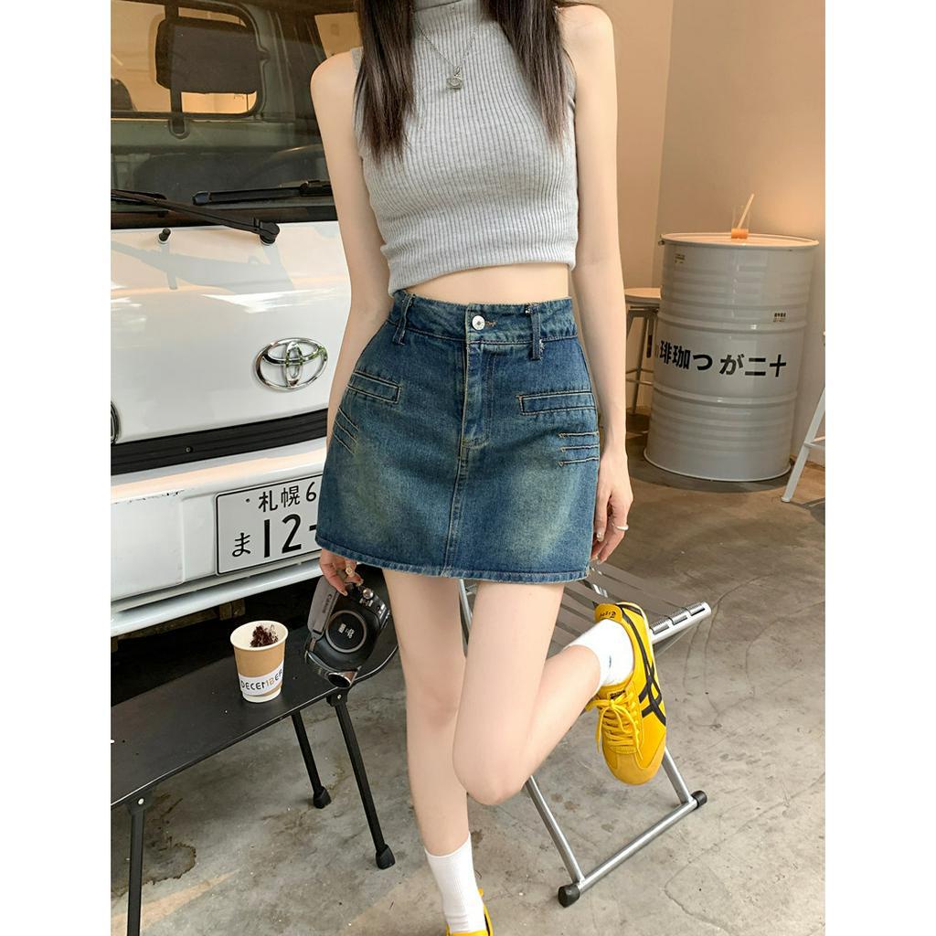 Lalisas Chân váy jean Ngắn Chữ A Lưng Cao Phong Cách retro Mỹ Cho Nữ