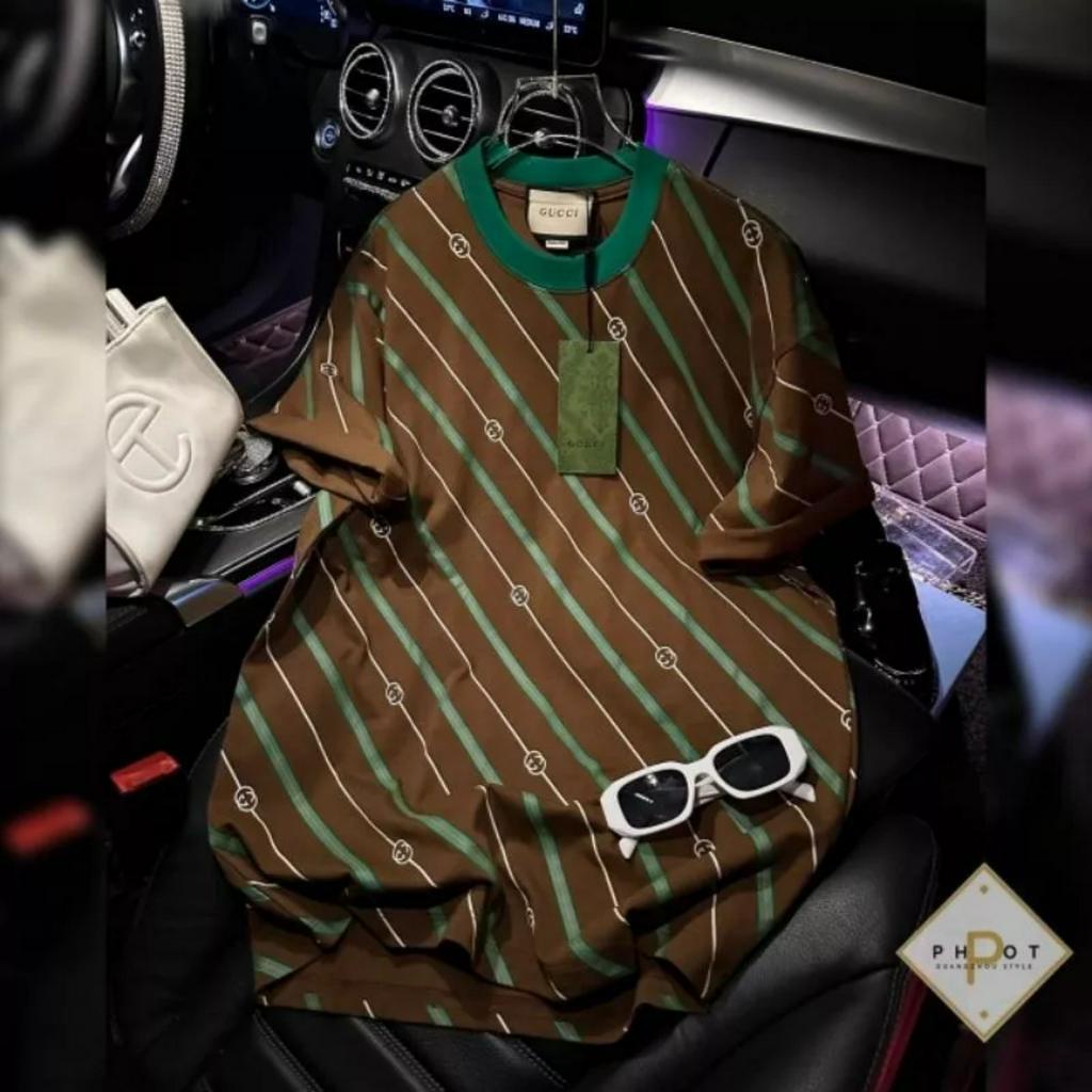 Áo Thun GG Kẻ Chéo ❤ Áo Phông Cotton Khô 3158 Dày Dặn Nam Nữ NVA405