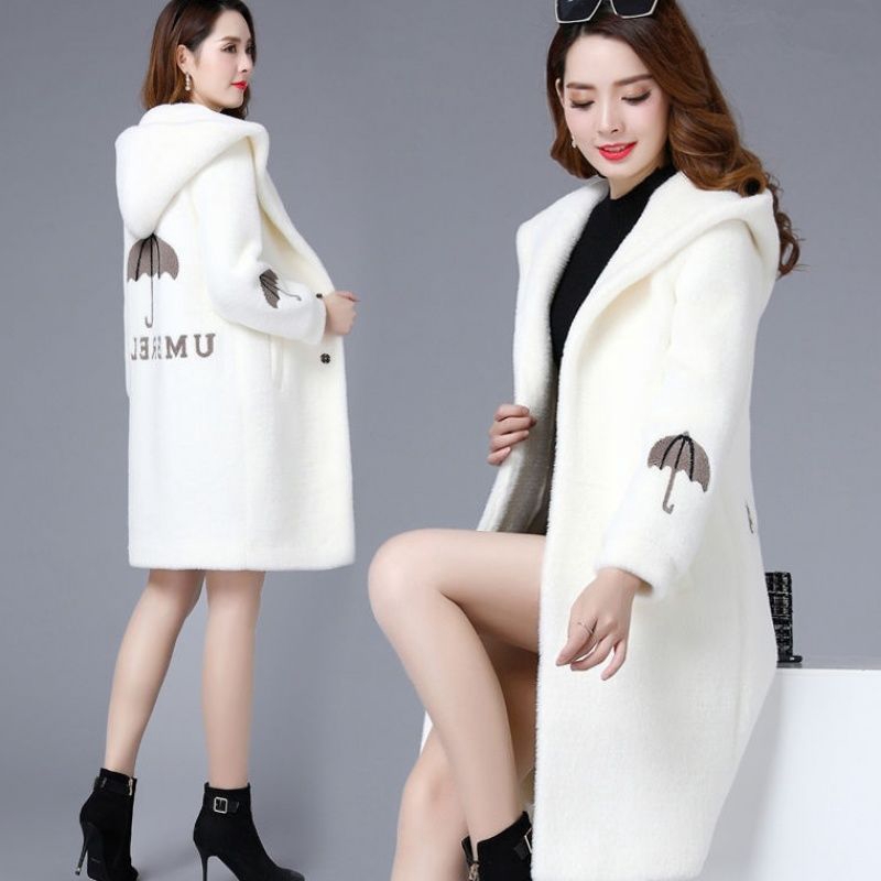 New fashion Korean style Female winter Cotton Plush fleece Embroidery Medium length Keep warm coat