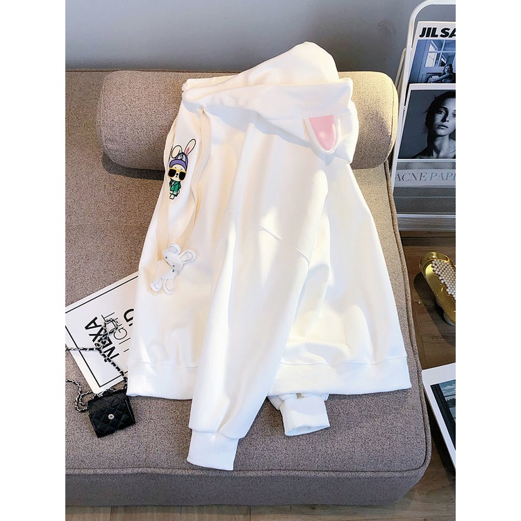 2022 autumn and winter sweet girl cute rabbit printing three-dimensional fun thin white hooded hoodie girl ins fashion