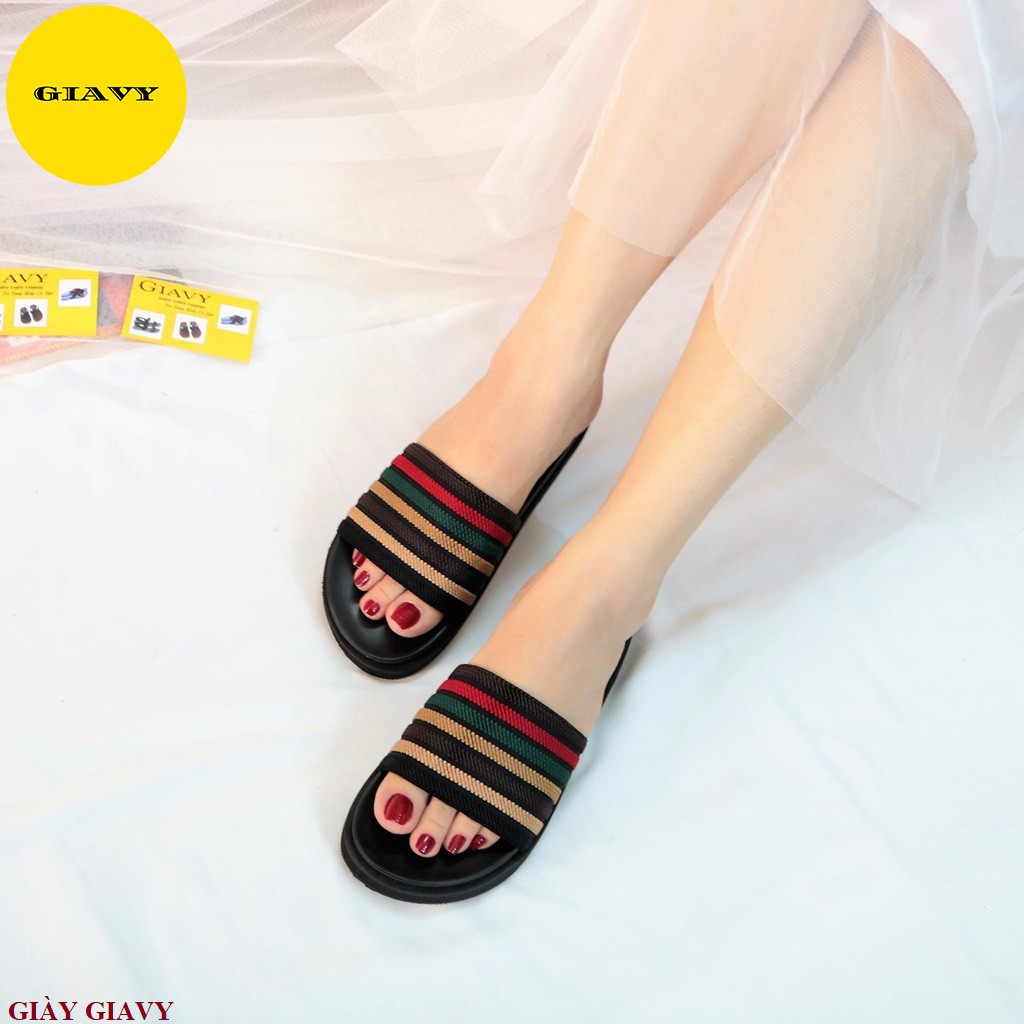 Dép nữ quai ngang sọc mix màu xinh xắn, đế cao  A82 - GIÀY GIAVY