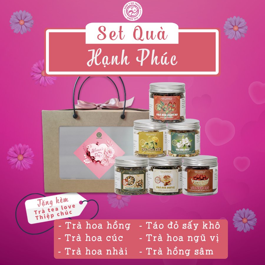 Set quà ý nghĩa 8 - 3 Bộ trà Hạnh Phúc THÔNG CÁT HCM - Trà hoa ngũ vị. hoa cúc, hoa nhài, hoa hồng, táo đỏ, hồng sâm