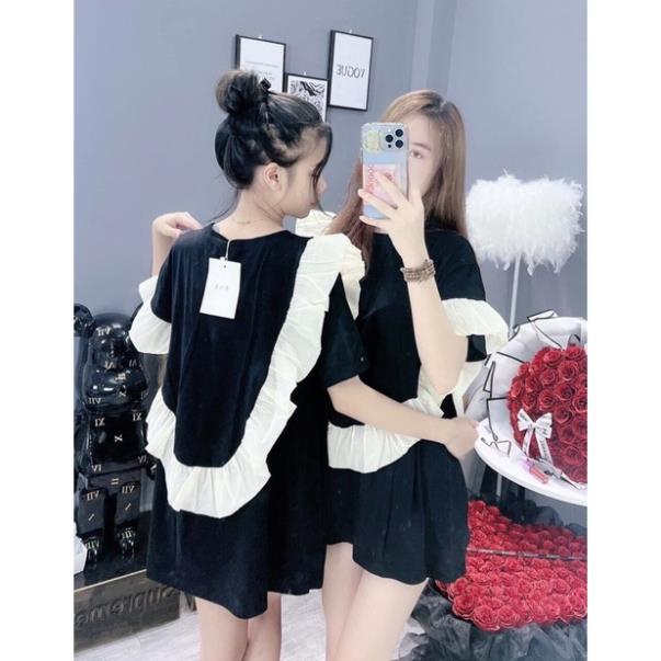 [NEW] Váy Đen Phối Viền Tay Bèo ❤ Áo Váy Dáng Suông Chất Cotton Mềm Mịn Siêu Hot