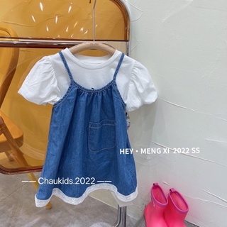 Xả Set áo trắng + váy jean 2 dây cho bé gái