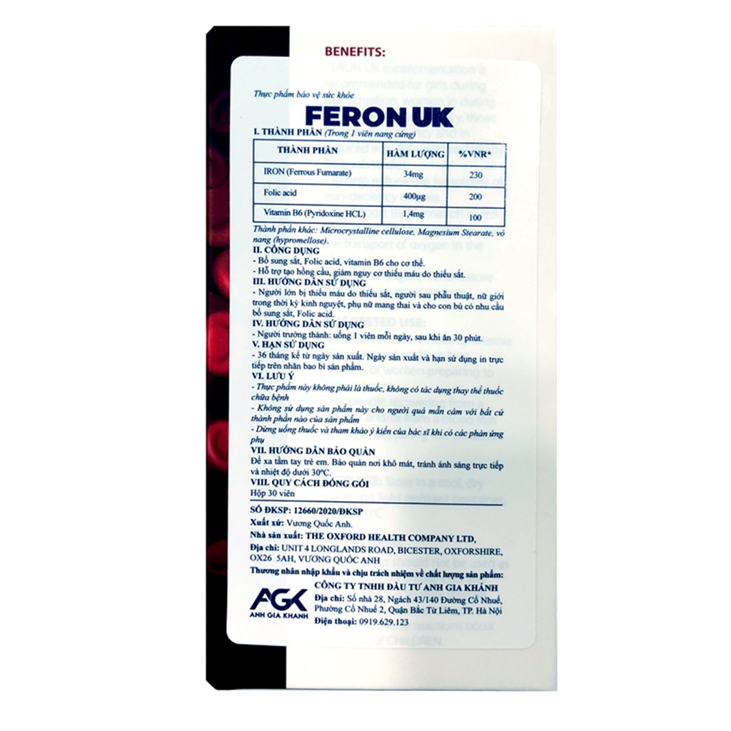 FERON UK- Viên uống bổ sung Sắt cho người trưởng thành ( Hộp 30 viên nang cứng)