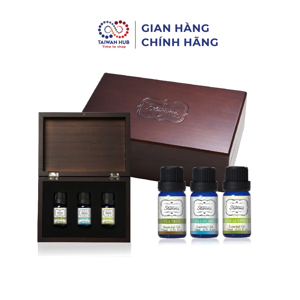 Bộ Tinh Dầu Thiên Nhiên Hộp Gỗ Sang Trọng 3 Mùi Giảm Stress, Năng Lượng, Thanh Lọc Aromate - Taiwan Hub