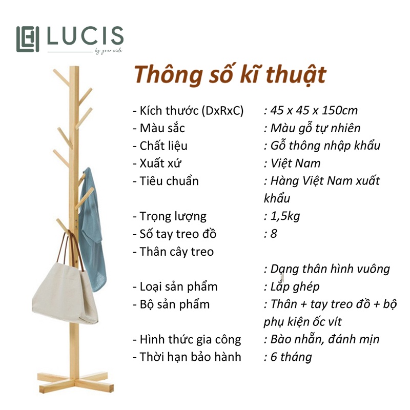 Cây treo quần áo gỗ thân vuông LUCIS treo đồ phòng ngủ