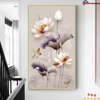 Tranh đính đá DD9807 (50cm x 75cm), tranh thêu chữ thập hoa sen DV6604 (43cm x 63cm)