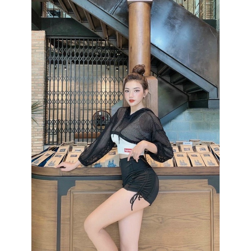 ÁO CROPTOP LƯỚI CÓ NÓN MẶC NGOÀI RẰN RI - ÁO LƯỚI TẬP GYM NỮ