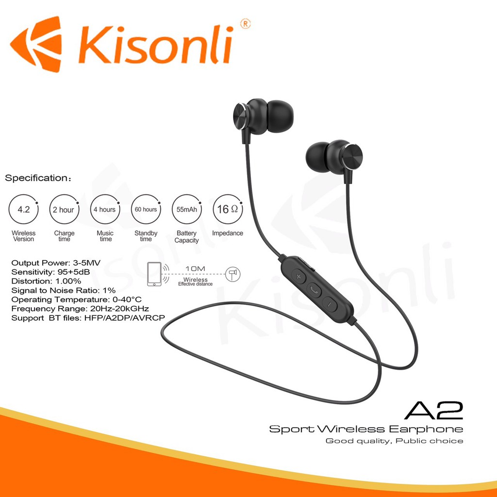 Tai nghe bluetooth thể thao Kisonli A2 chống nước tiêu chuẩn - thiết kế nam châm 2 đầu (đen)