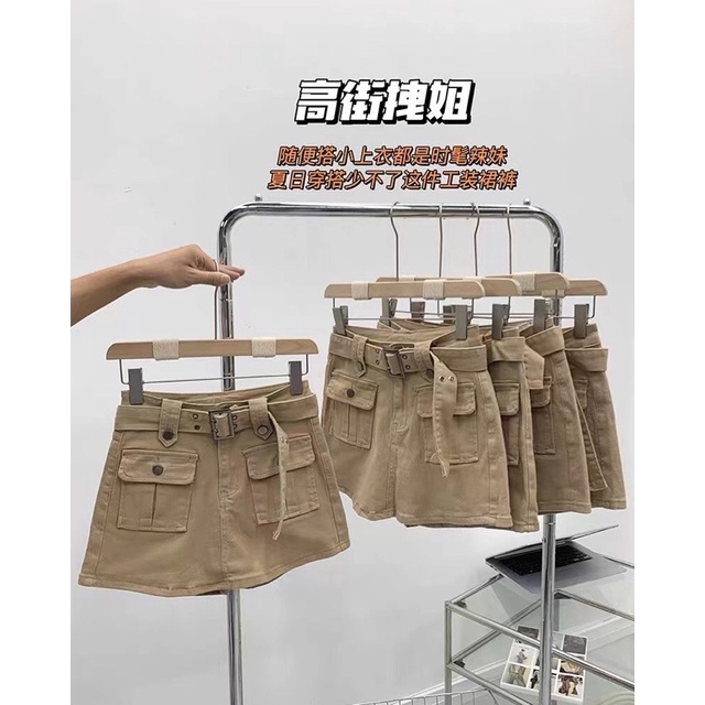( Ảnh thật ) 1953 Chân váy kaki nắp túi kèm dây lưng
