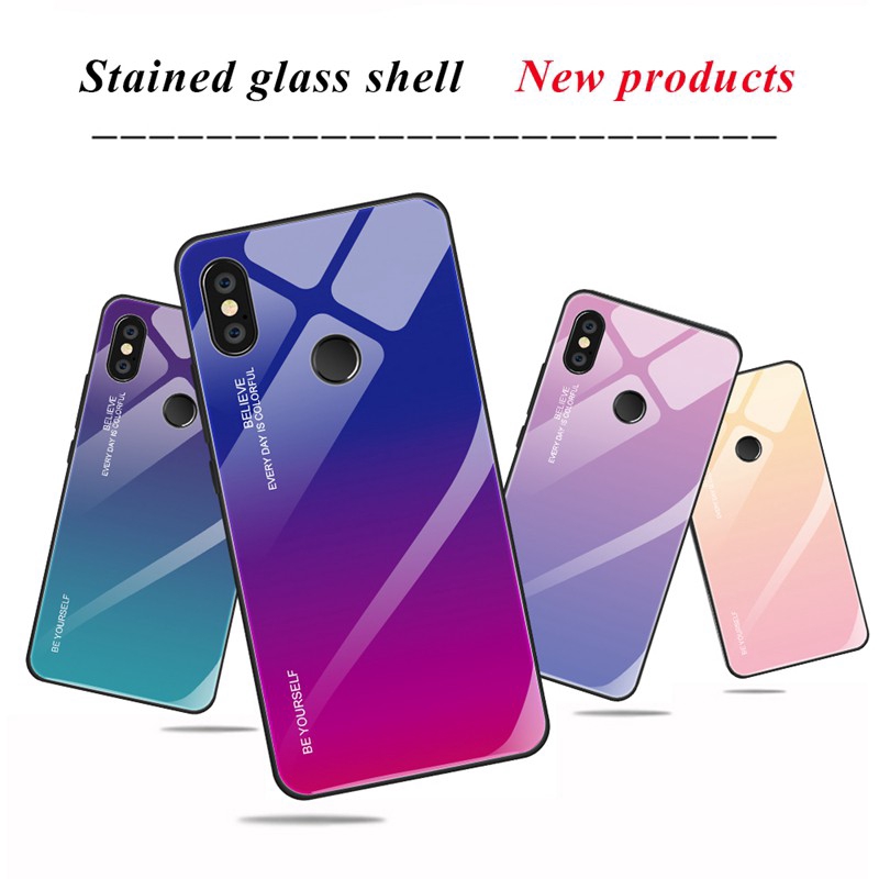 Ốp điện thoại tráng kính cường lực màu gradient thời thượng chống sốc dành cho Xiaomi Redmi Note 7 5 6 Pro