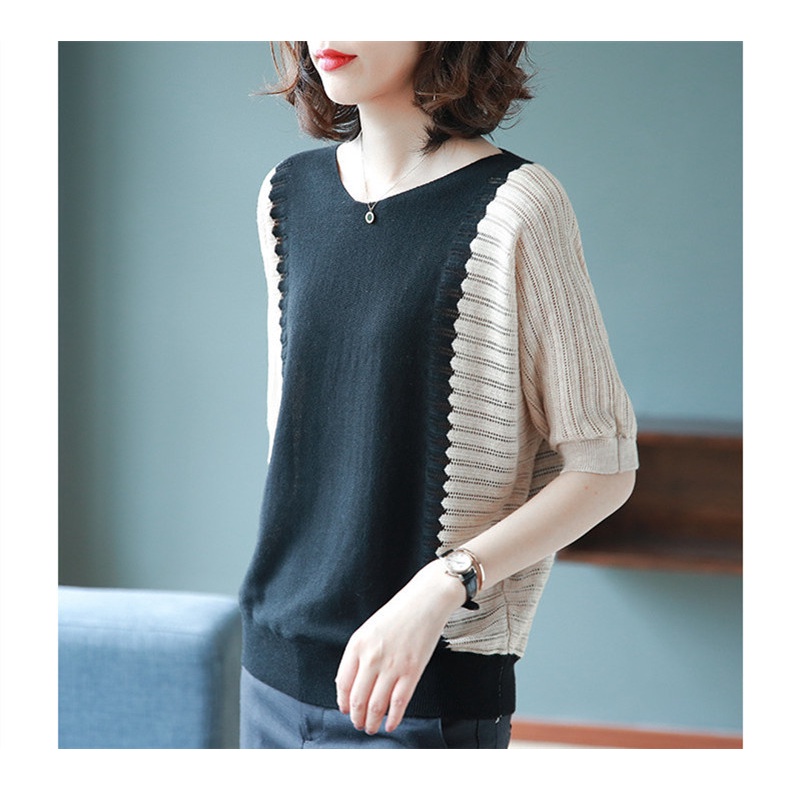 Áo len dệt kim tay lỡ mỏng trơn màu cổ chữ V Al33