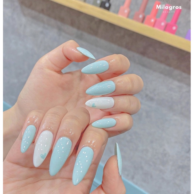 Móng úp thiết kế màu xanh pastel vẽ trái tim mùa hè dễ thương kiểu Hàn Quốc cebi.nailbox c064