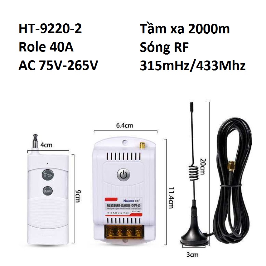 Công tắc điều khiển từ xa Honest HT-9220KG-2 /2km 40A điều khiển máy bơm ,đèn ,máy rửa xe ,motor bơm nước...,có học lệnh