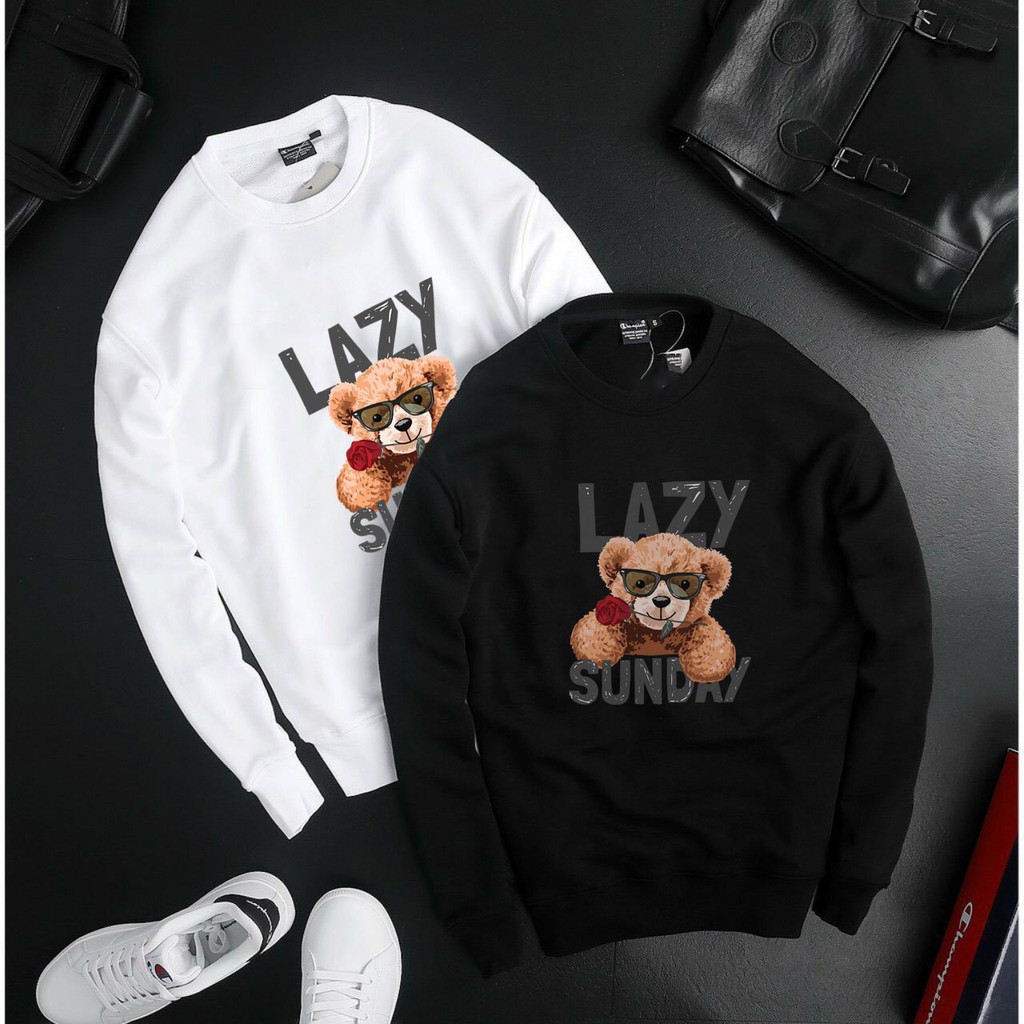 Áo sweater dài tay cổ tròn in gấu lazy sunday màu đen trắng siêu xinh hình siêu nét shophienmai