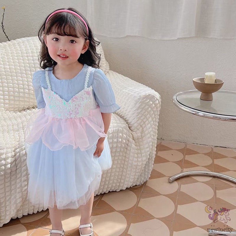 Đầm Tay Ngắn Cổ Tròn Đính Kim Sa Phong Cách Hàn Quốc Thời Trang Cho Bé Gái