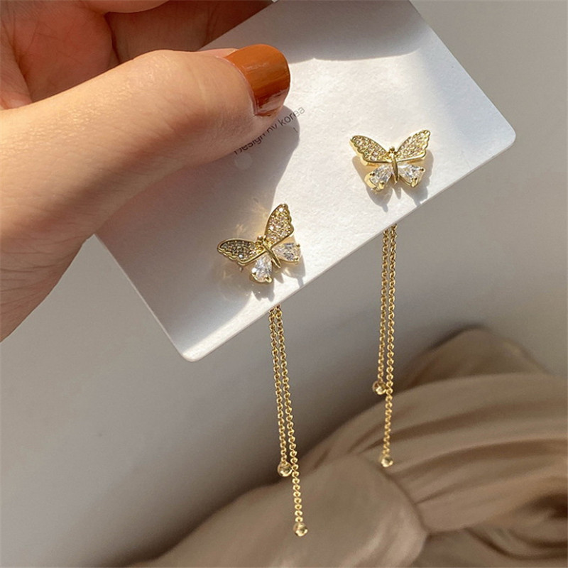  BUTTERFLY Đôi Bông Tai Dáng Dài Mạ Bạc 925 Hình Bướm Xinh Xắn Cho Nữ