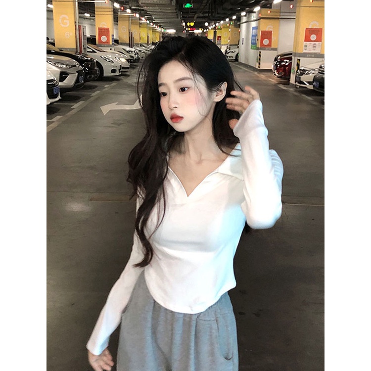 Áo Thun Cotton Mỏng Tay Dài Cổ Polo Màu Trơn Thời Trang Dành Cho Nữ