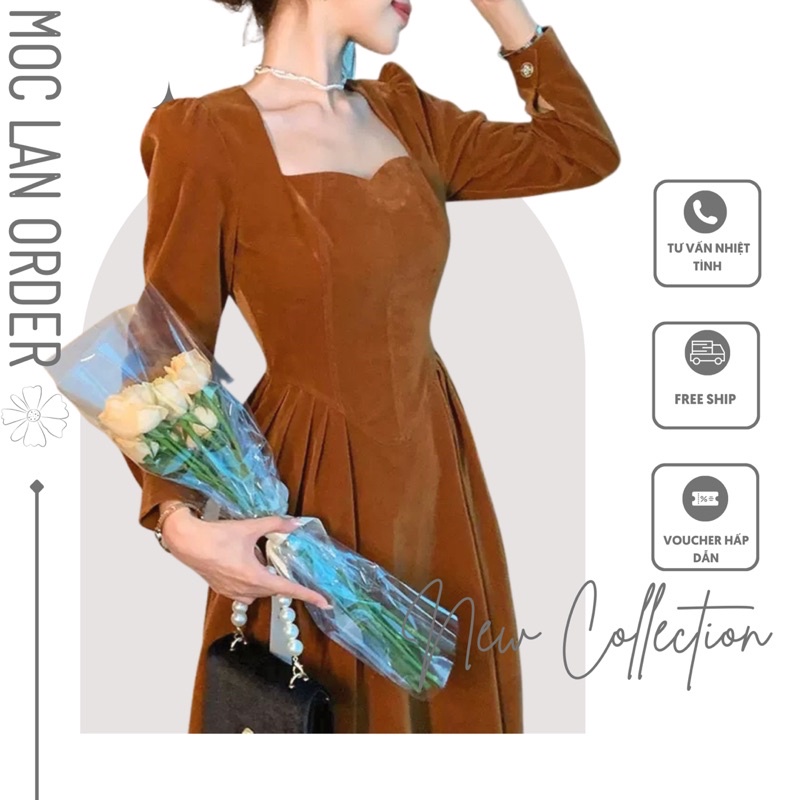 (MộcLan ORDER) Váy nhung retro ngọt ngào cổ vuông dây thắt eo xòe ngắn đuôi cá style Hàn Quốc (Phong cách mới 2021)