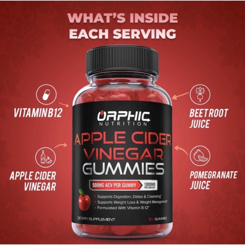 Kẹo dẻo giấm táo hỗ trợ giảm cân, gút, detox và thanh lọc cơ thể Orphic Nutrition 60 viên USA