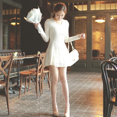 Đầm ren nữ dài tay cổ thiết kế dáng xòe cá tính phong cách Korea