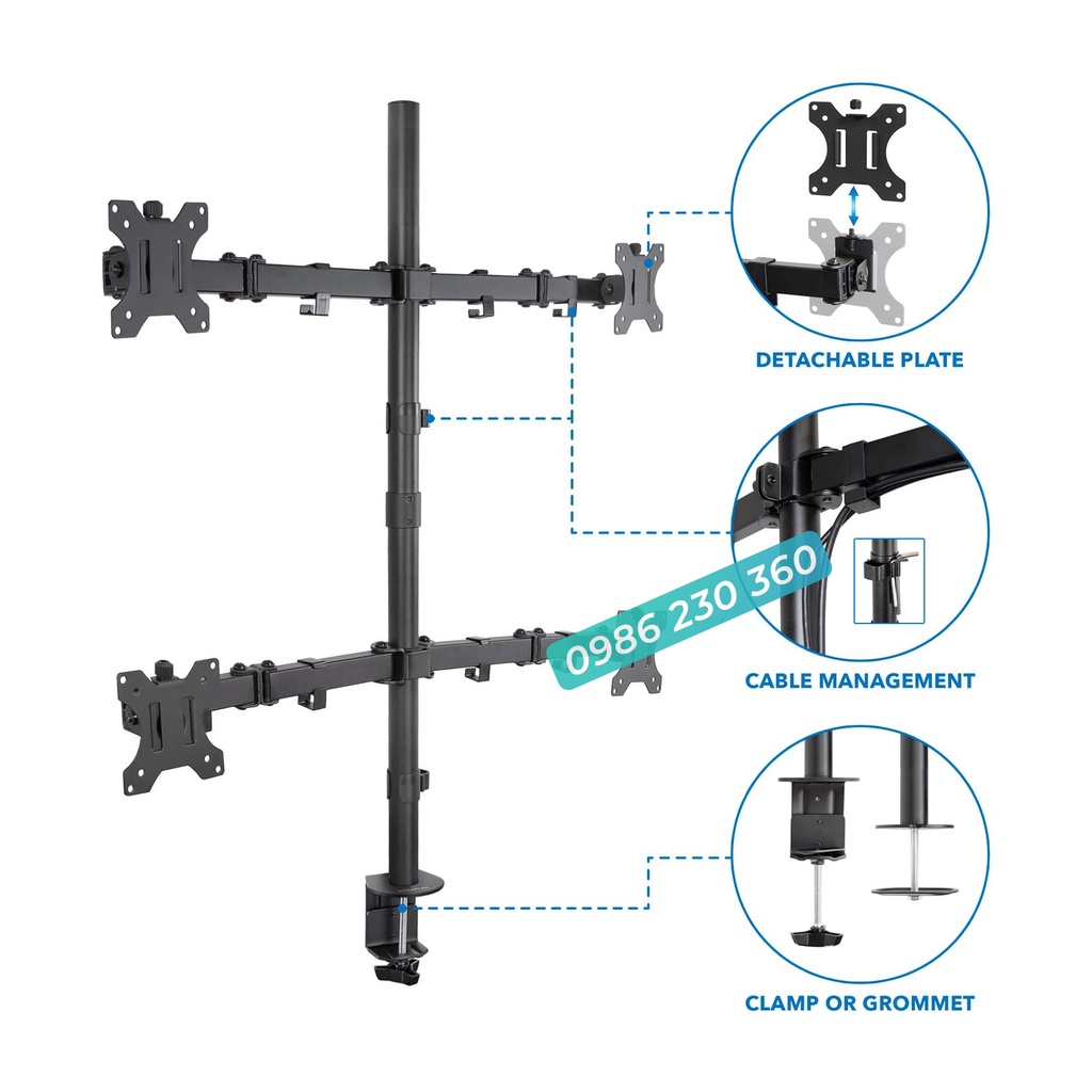 M054 | Giá Treo Màn Hình - Giá Treo 4 Màn Hình Máy Tính 17 - 27 Inch Xoay 360 Độ - Tải Trọng 8Kg 1Tay - Lắp Đặt Kẹp Bàn