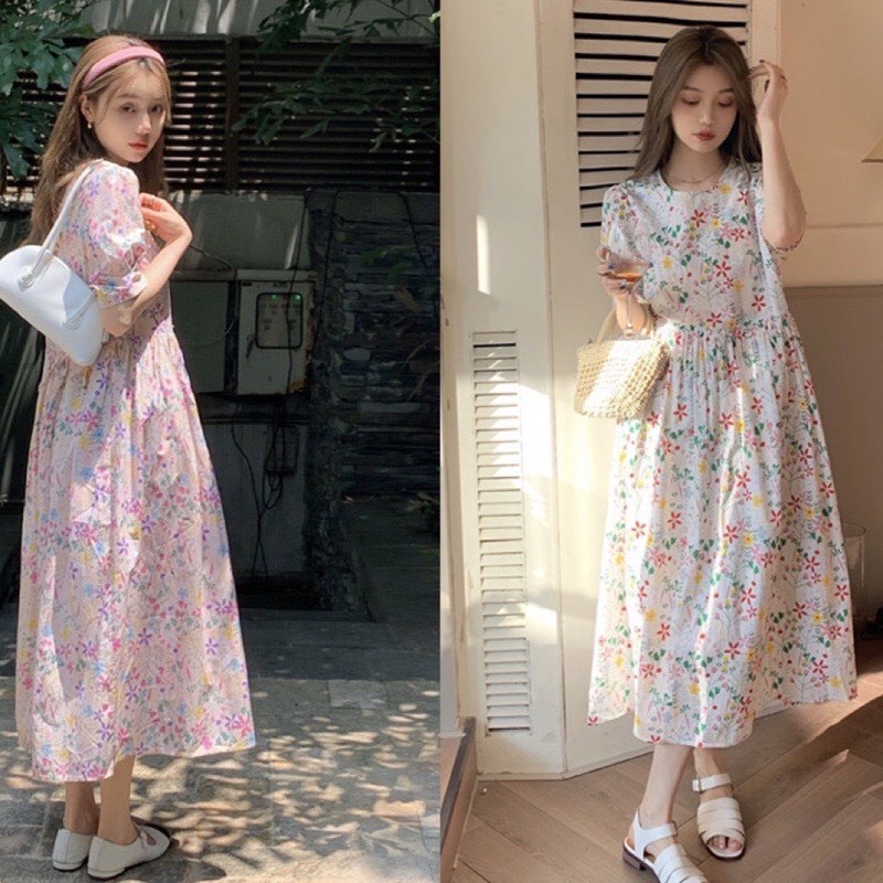 Váy hoa nhí vintage dáng dài đi biển, đầm hoa nhí babydoll cộc tay ulzzang có bigsize GOROGI | BigBuy360 - bigbuy360.vn