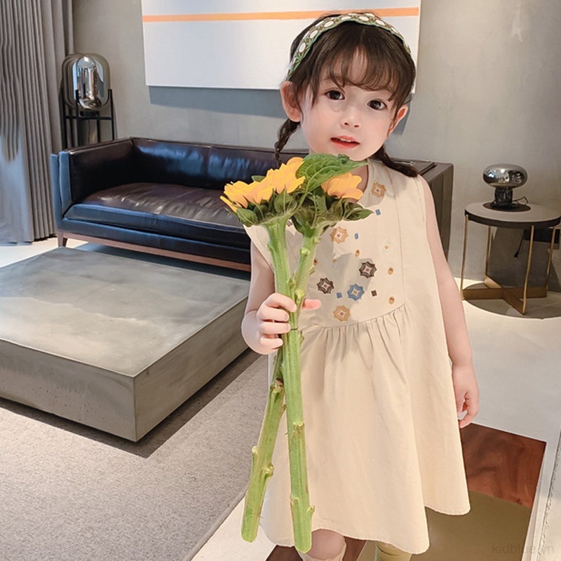 Đầm Sát Nách Cổ Tròn Thêu Hoa Dễ Thương Cho Bé Gái 3-8 Tuổi