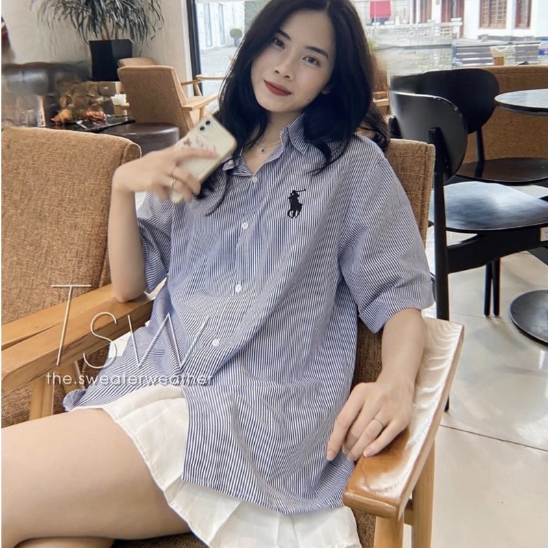 Áo Sơ Mi Kẻ Xanh Thêu Ngựa Bên Ngực Chất Đũi Xốp Phong Cách Hàn Quốc