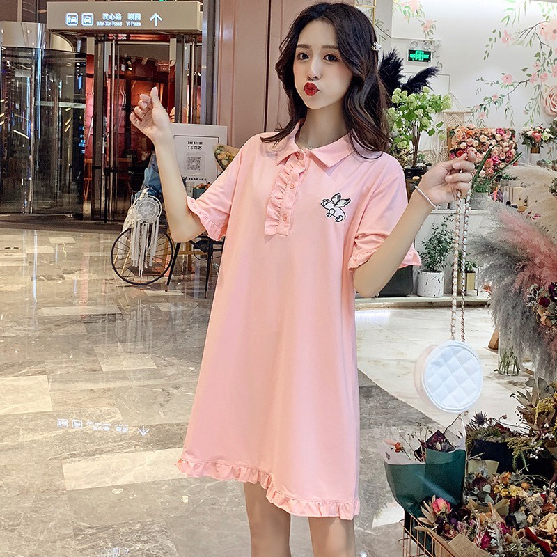 Đầm IELGY cổ polo dáng dài trung bình tay ngắn màu hồng đơn giản dành cho nữ