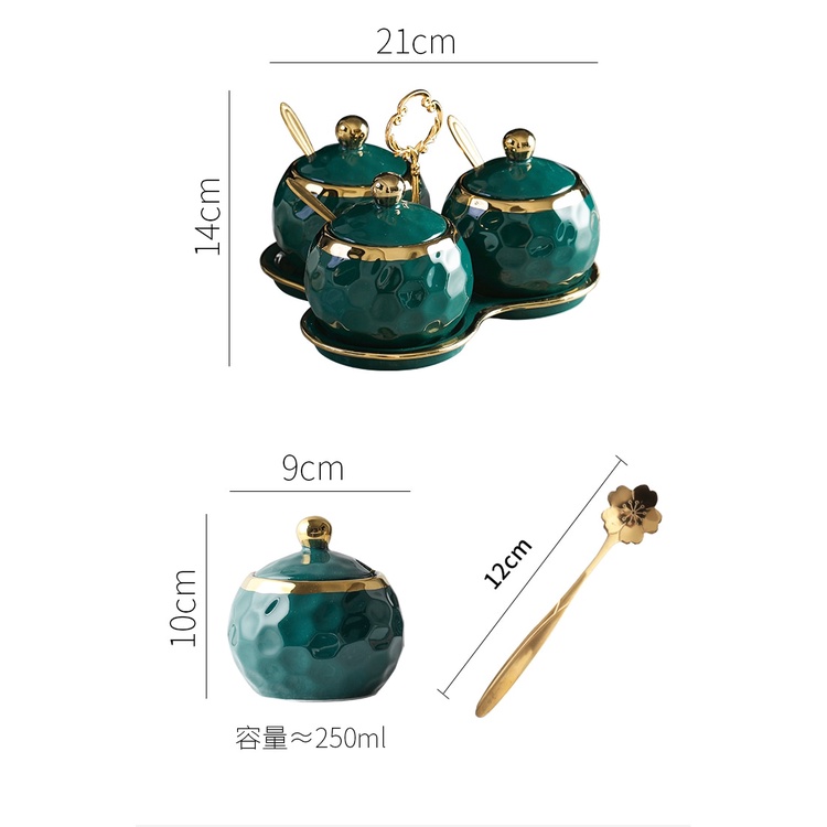 Bộ 3 hũ đựng gia vị sứ tròn nhiều màu viền vàng cao cấp phong cách Bắc Âu