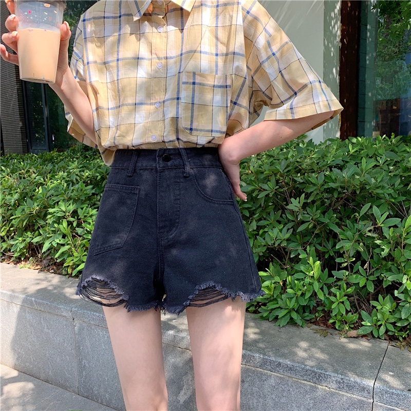 Quần đùi denim IHKKE màu đen lưng cao thời trang dành cho nữ