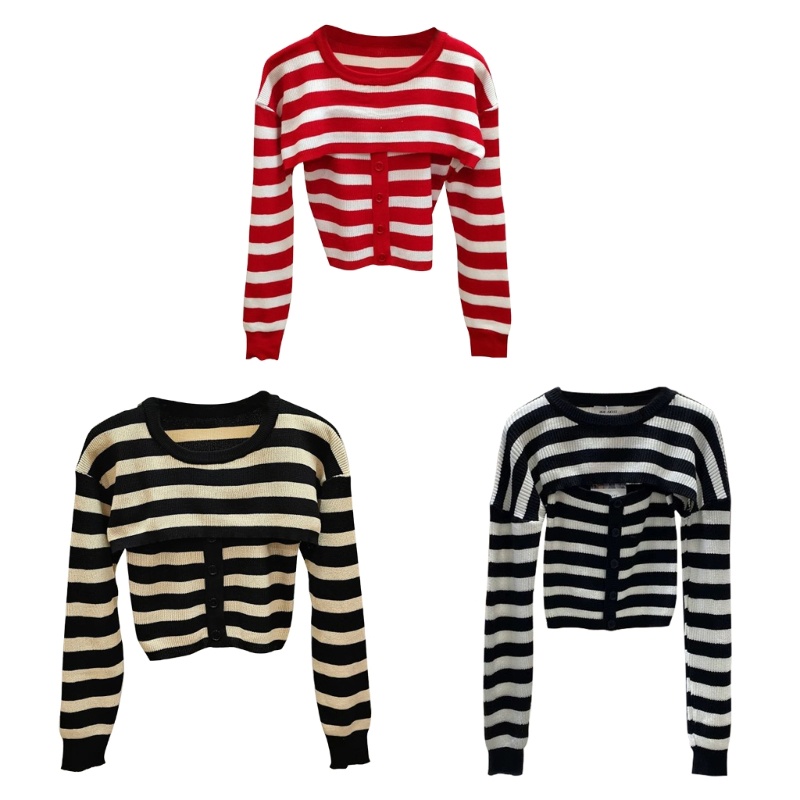 Set 2 Món Áo Sweater Dệt Kim Kẻ Sọc Phối Áo Hai Dây Đính Nút Thời Trang Cho Nữ