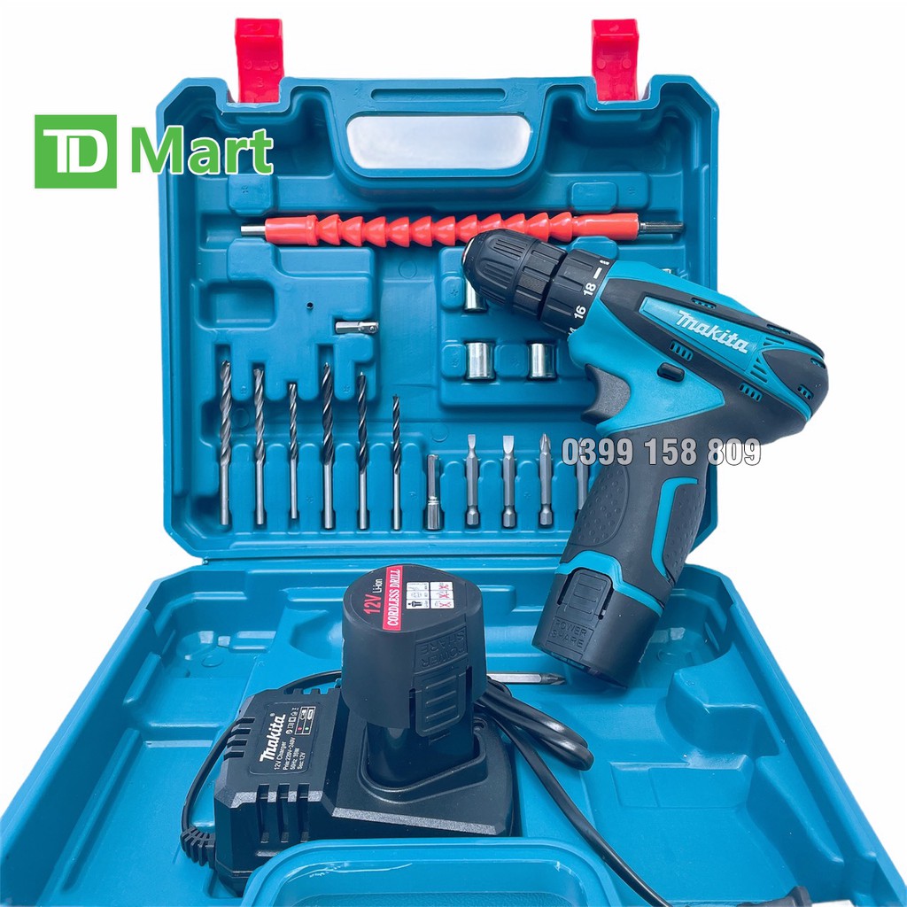 Máy khoan bắt vít cầm tay dùng pin 12V Makita Tặng kèm hộp 24 chi tiết