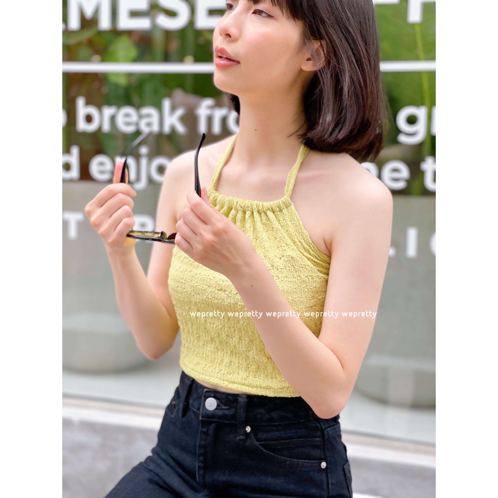 Áo yếm buộc dây freesize trendy chất vải thun xốp màu xanh bơ phù hợp với các outfit mùa hè AH09 Wepretty Clothes