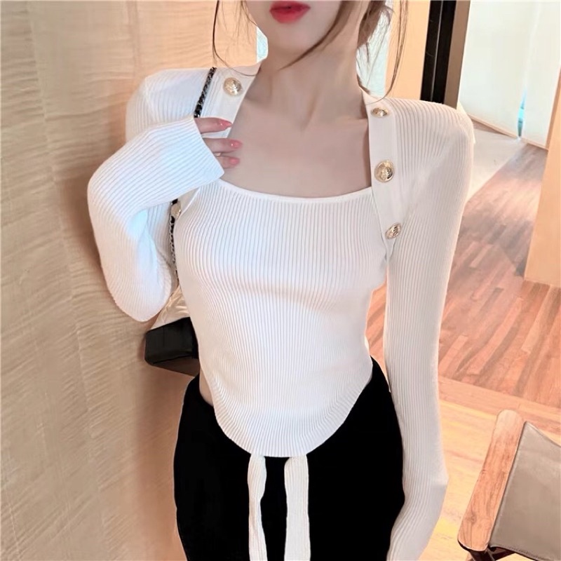 Áo len dài tay cổ vuông có khuy đính cúc đồng 2 bên áo len order Taobao phong cách Hàn Quốc 2021