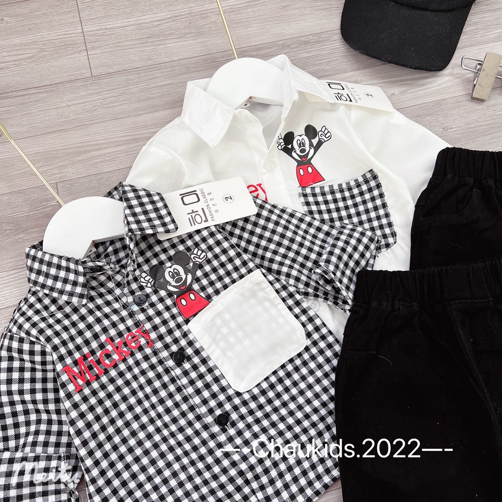 Bộ sơ mi in mickey áo đỏ bé trai