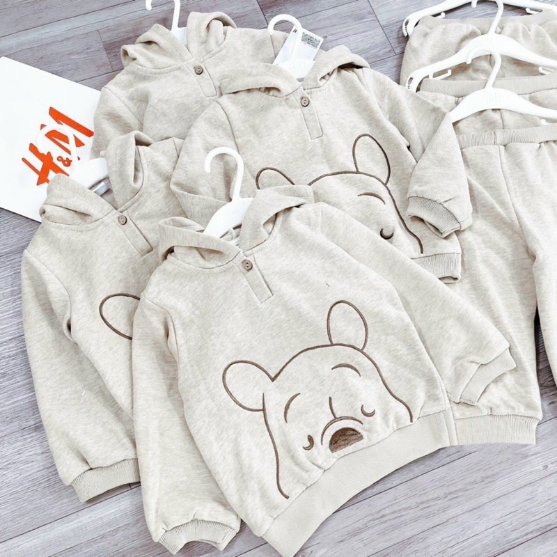 Bộ nỉ bông mũ tai gấu pooh màu be cho bé